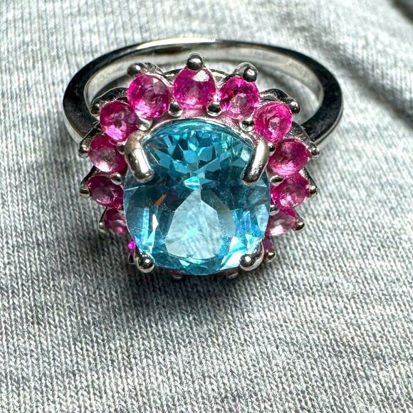 NWOT Blue Topaz 5.20 carat Pink Apatites Sterling Silver Ring Size 7 - Picture 3 of 8